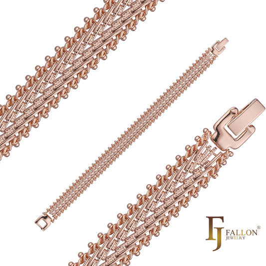 Lujosas pulseras de eslabones de fantasía chapadas en Oro 14K, colores oro rosa.