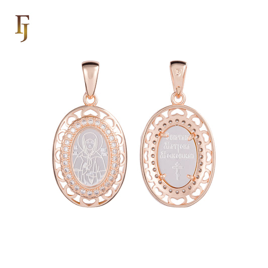 Orthodox Christian Oval Virgin Pendant Necklace with Crystal Hearts and Rose Gold Plating