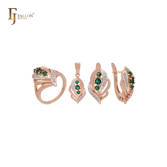 Conjunto de joias luxuosas de dois tons com penas de zircônias cúbicas em ouro rosa com anéis e pingente