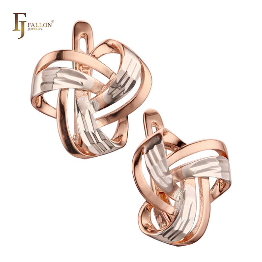 Triple crossing double ribbons Rose Gold two tone Russian Lock Earrings