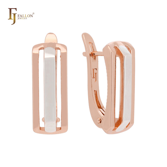 Geometric triple rows sledge shaped Rose Gold two tone Russian Lock Earrings