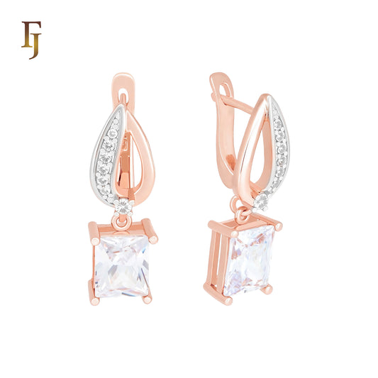 Rectangular white CZ paved Rose Gold two tone Russian Lock Earrings