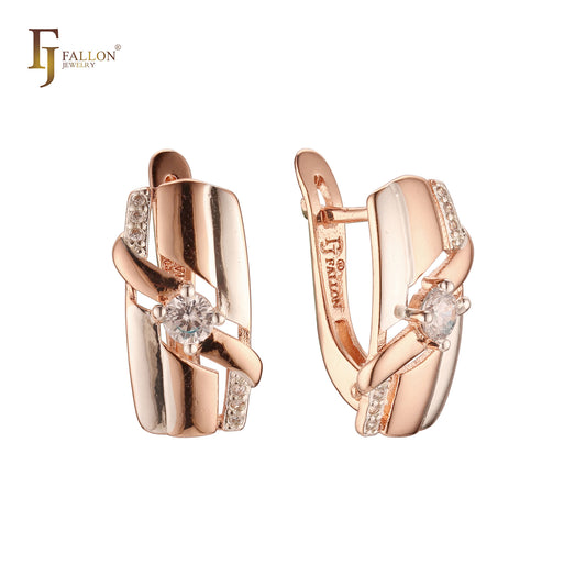 Elegant Ribbon White CZs Rose Gold two tone Russian Lock Earrings