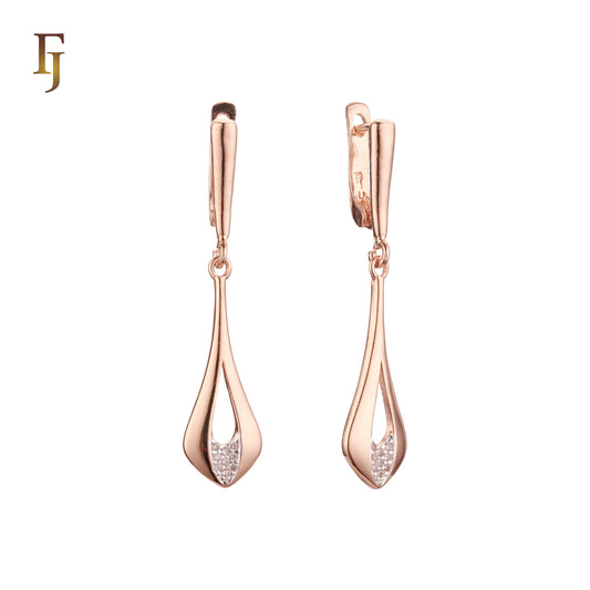 Elegant Rose Gold Drop Earrings with Pave CZ Accents and Russian Lock Closure