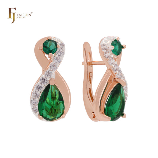 Infinity twisted band of white CZs and emerald CZ Rose Gold two tone Russian Lock Earrings