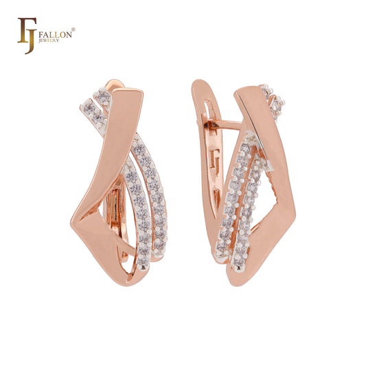 Double ribbons mixed irregular shape white CZs Rose Gold two tone Russian Lock Earrings