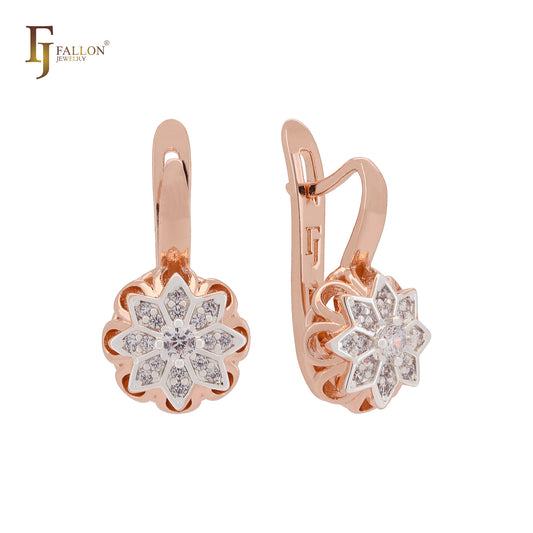 Octagon shaped eight petals flower of white CZs Rose Gold two tone Russian Lock Earrings