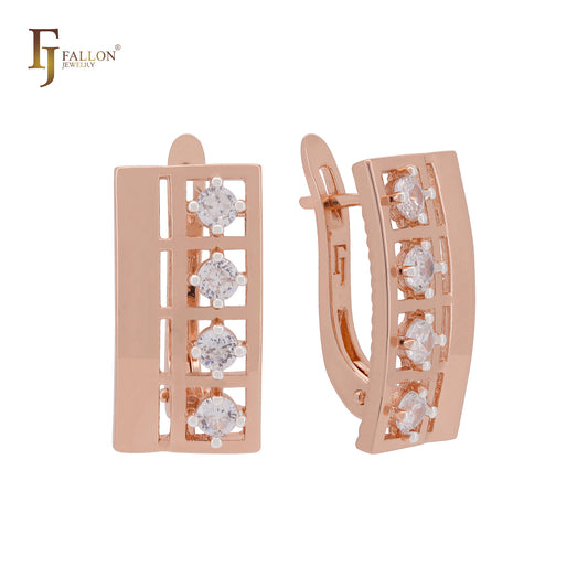 Flank squared of four white CZs Rose Gold Russian Lock Earrings