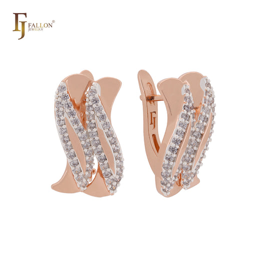 Double S shaped of white CZs Rose Gold two tone Russian Lock Earrings