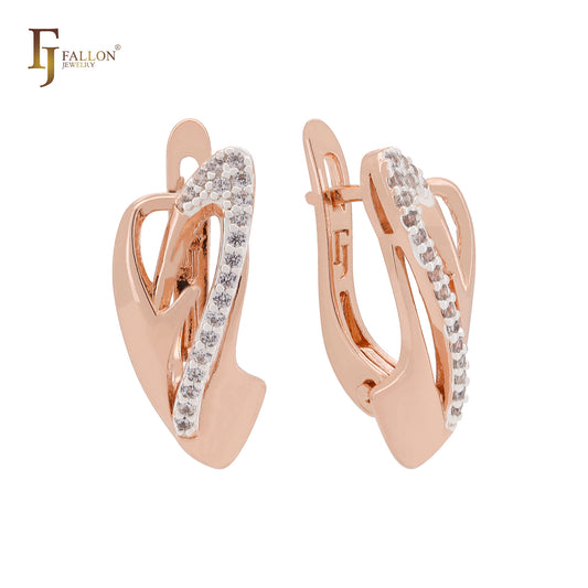 Irregular shape of white CZs ribbon Rose Gold two tone Russian Lock Earrings