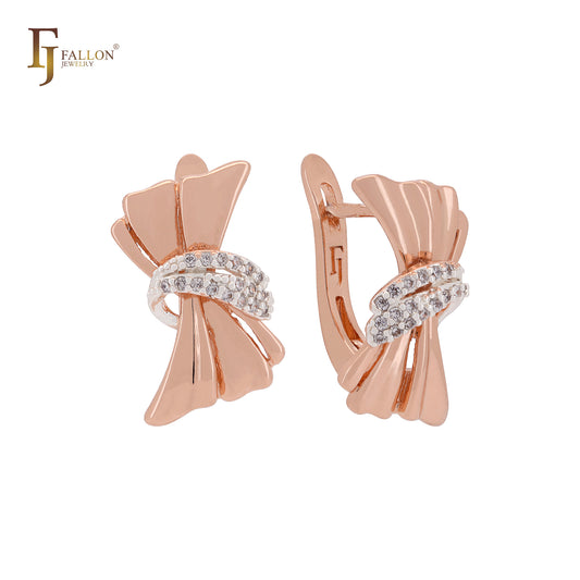 Bonded ribbon of white CZs Rose Gold two tone Russian Lock Earrings