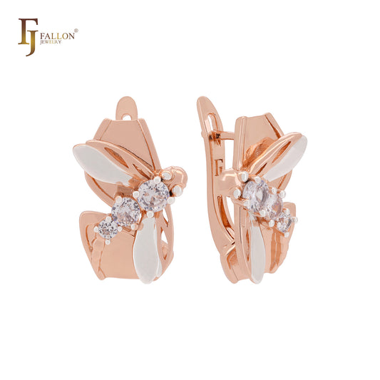 Ribbon of dragonfly with white CZs Rose Gold two tone Russian Lock Earrings