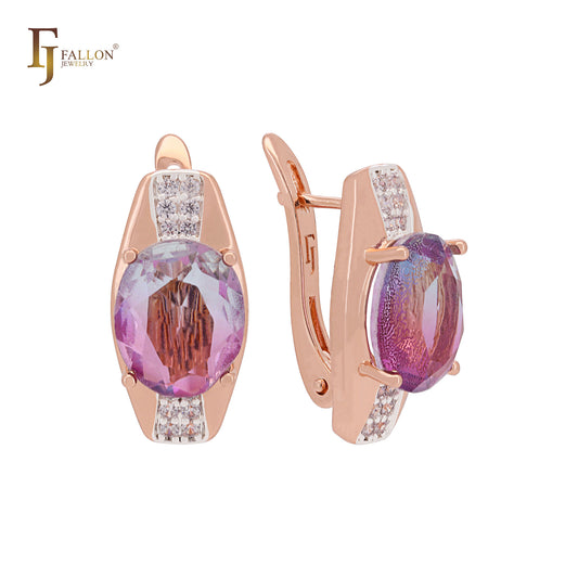 Solitaire rounded oval cut dimming purple CZ Rose Gold two tone Russian Lock Earrings