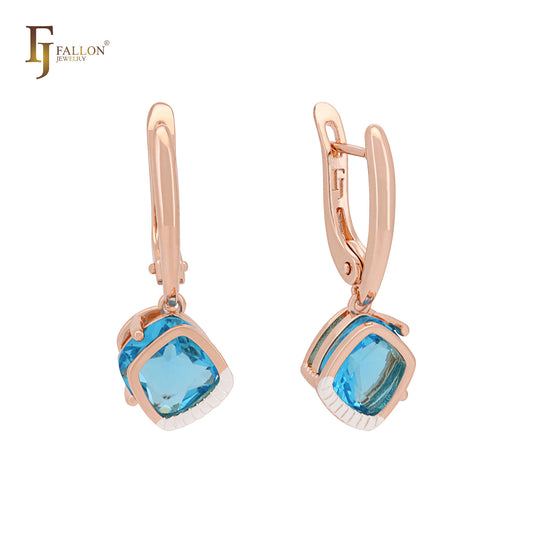 Solitaire cushion cut lake blue CZ Rose Gold two tone Russian Lock Earrings