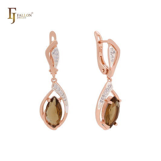 Great solitaire Marquise coffee CZ Rose Gold two tone Russian Lock Earrings