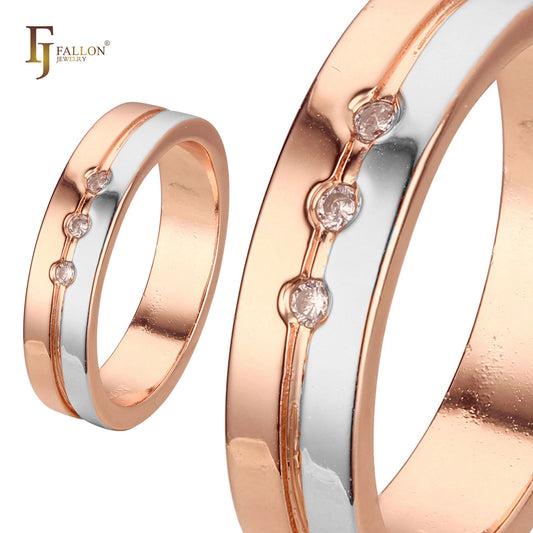 Anillos de boda de tres piedras en oro rosa, anillos de boda de dos tonos