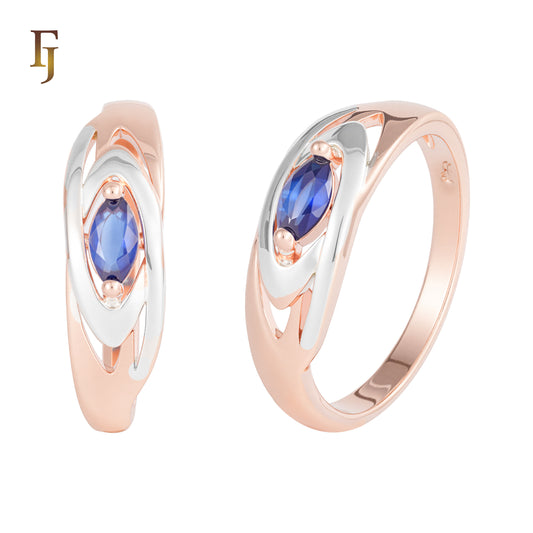 ローズゴールド ツートン ソリティア マーキス ブルー リング