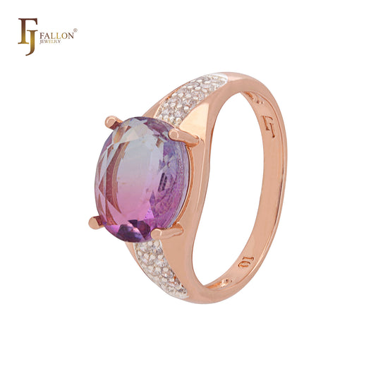 Anillo de compromiso solitario de oro rosa en dos tonos con circonita cúbica púrpura y corte ovalado redondeado.