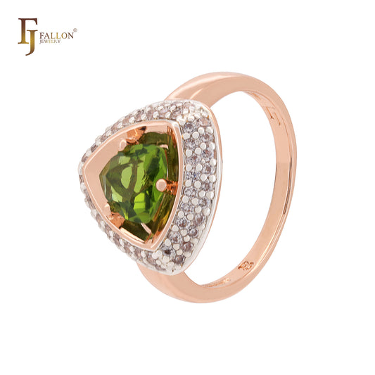 Anillos de compromiso de oro rosa con solitario triangular amarillo verde manzana