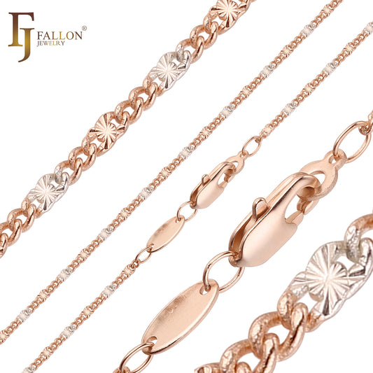 Figaro style Sparkling fancy link sunburst hammered chains plated in 14K Gold, Rose Gold two tone