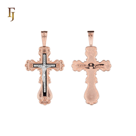 Orthodox Double-Sided Cross Pendant in Rose Gold with Black and Silver Inlay | FJ Jewelry
