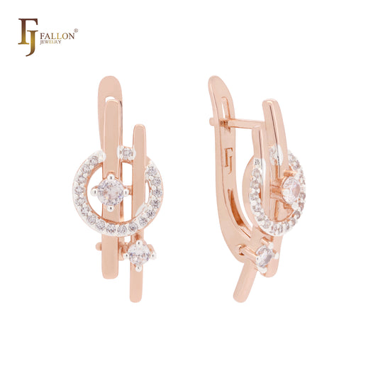 Circle of white CZs interlocking stars Rose Gold two tone Russian Lock Earrings