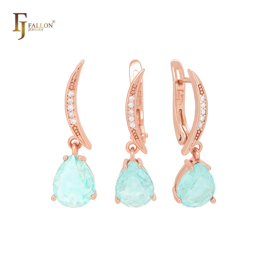 Conjunto de joias em formato de lua com pingente solitário em ouro rosa e zircônia cúbica em branco pera