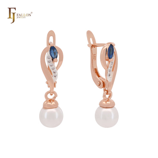 Solitaire pearl sided with lake blue white CZs Rose Gold two tone Russian Lock Earrings