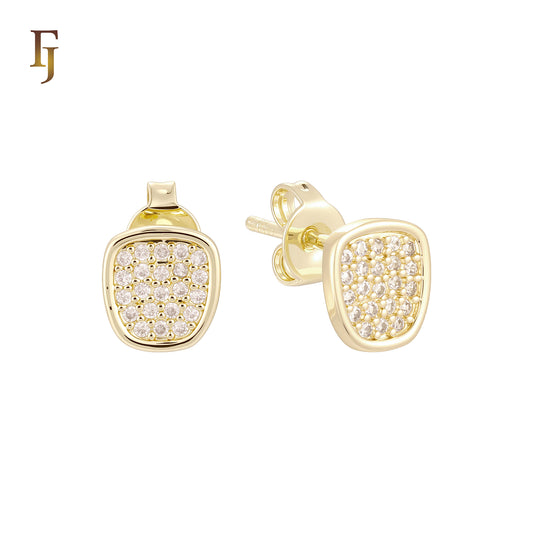Irregular shaped rounded white czs paved 14K Gold Stud Earrings