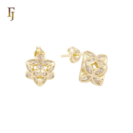 Luxurious Geometric of multi Marquise shaped white CZs flower cube 14K Gold, Rose Gold Stud Earrings