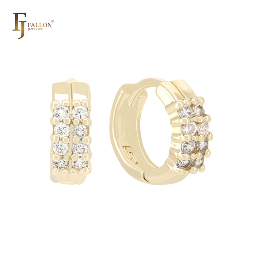 Double rounded white CZs Cluster 14K Gold Huggie Earrings Huggies