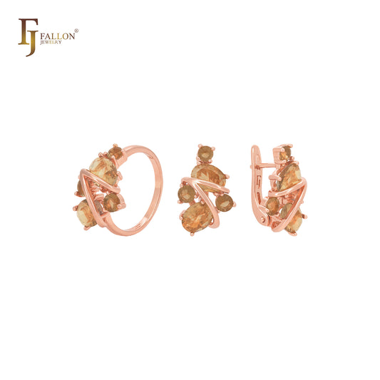 Grande conjunto de joias de ouro rosa com anéis e zircônias cúbicas grandes em tom café vermelho