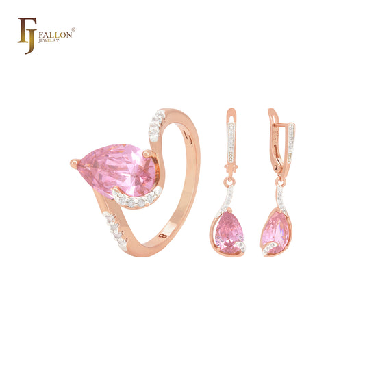 Solitario de circonita rosa en forma de pera con circonitas blancas. Conjunto de joyas de oro rosa de dos tonos con anillos.