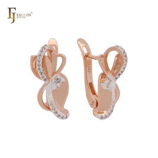 Elegant Ribbon of white CZs Rose Gold two tone Russian Lock Earrings