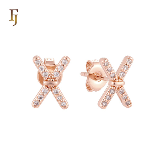 X cross of white Czs 14K Gold, Rose Gold Stud Earrings