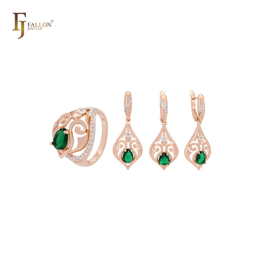Lujoso conjunto de joyas de oro rosa de dos tonos con circonitas esmeralda, anillos y colgante.