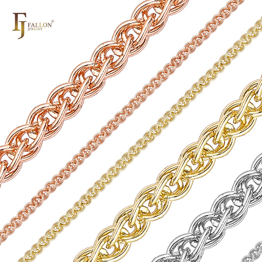 Eslabón de cable de cadenas de trigo Spiga chapado en oro de 14 quilates, oro rosa y oro blanco