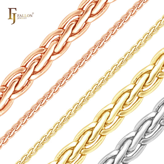 Classic Spiga wheat chains plated in White Gold, 14K Gold, Rose Gold, two tone