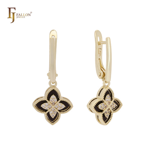 Black and white layered clover 14K Gold, Rose Gold Russian Lock Earrings
