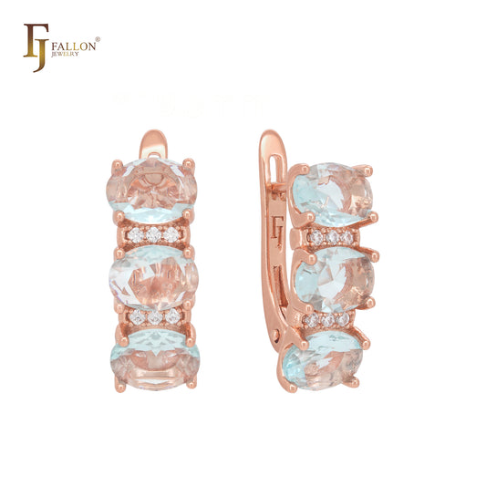 Cluster lake blue CZs luxurious Rose Gold Russian Lock Earrings