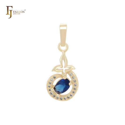 Solitär-Anhänger aus tiefblauem Zirkonia in Blattform, 14 Karat Gold, Roségold