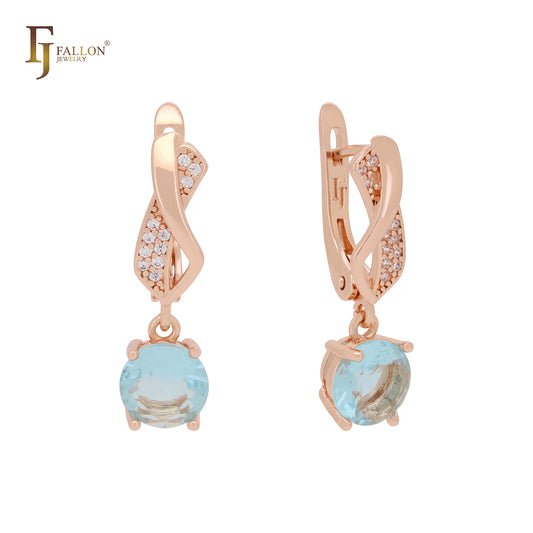 Solitaire rounded CZ drop 14K Gold, Rose Gold Russian Lock earrings