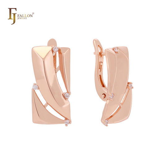 Squared window of white CZs Rose Gold Russian Lock Earrings
