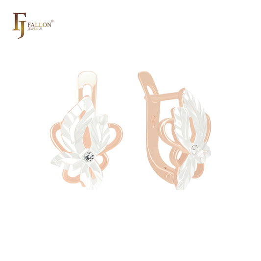 Maple Leave of Solitaire white CZ Rose Gold two tone Russian Lock Earrings
