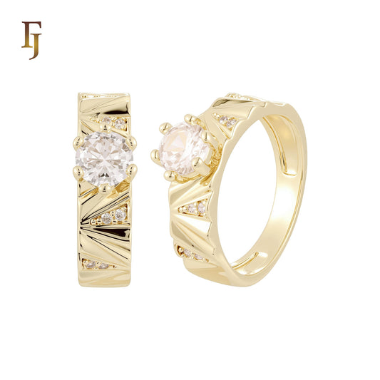 Solitaire white CZs Ribbon bands of double white CZs 14K Gold, Rose Gold Wedding Set Rings