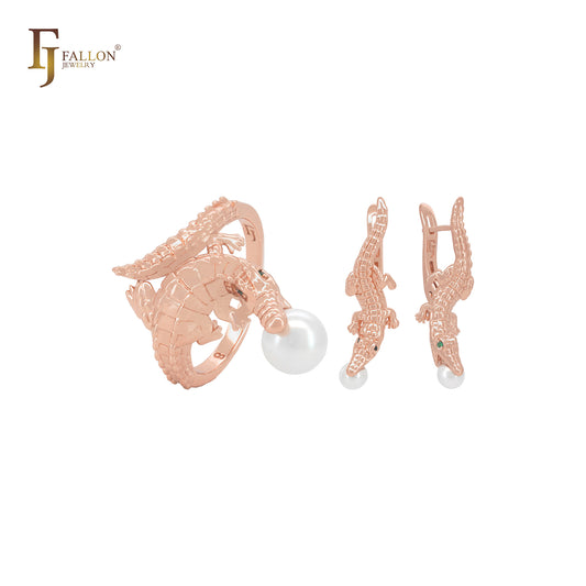 Conjunto de joias de ouro rosa com zircônias cúbicas verdes e anéis de crocodilo da moda