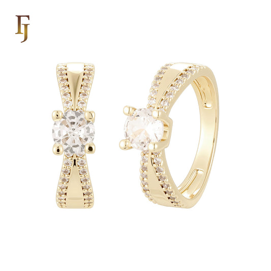 Double Cross Paved white CZs 14K Gold, Rose Gold Wedding Set Rings