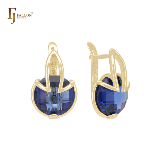 Solitaire clawed rounded colorful CZ 14K Gold Russian Lock Earrings