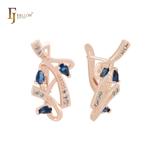 Complex Luxurious Ribbon of beads and white CZs Cluster Rose Gold Russian Lock Earrings