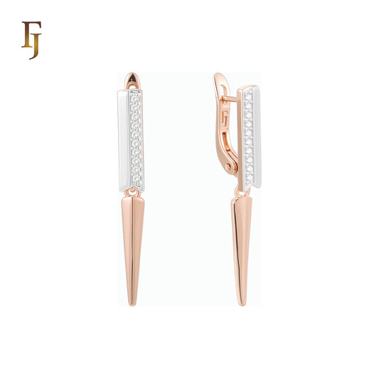 Half silver paved white CZs with drop arrow Rose Gold two tone Russian Lock Earrings